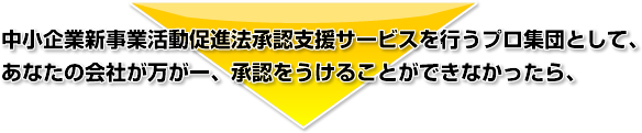 中小企業新事業活動促進法承認支援サービスを行うプロ集団として、あなたの会社が万が一、承認をうけることができなかったら、頂いたお金は全額返金します。