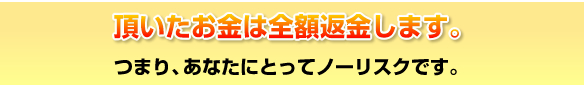 頂いたお金は全額返金します。つまり、あなたにとってノーリスクです。